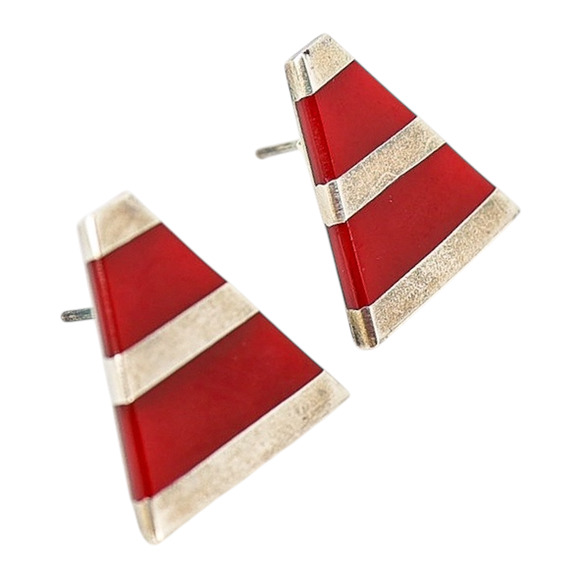 Red Enamel Triangle Sterling Silver Earrings – Mexico Modernist Design - Picture 1 of 9